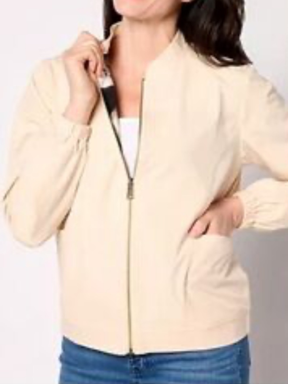 Zuda Cream Zip-Front Bomber Jacket